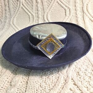 VTG 80s Sonni San Francisco Straw Wide Brim Hat Navy Blue Rhinestone Jewel Women